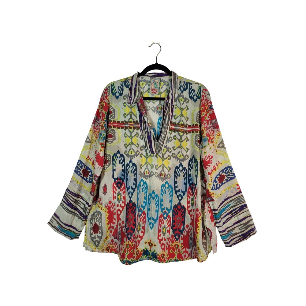 Johnny Was Tunic Blouse L 100% Silk Multicolor Print V-Neck Boho Long Sleeve